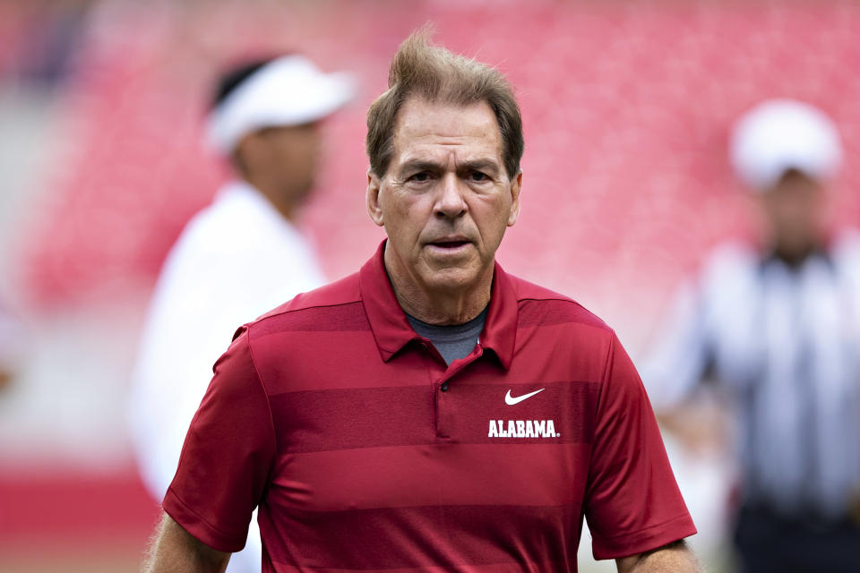 Nick Saban wasn’t all smiles after Alabama’s 65-31 win over Arkansas. (Getty)