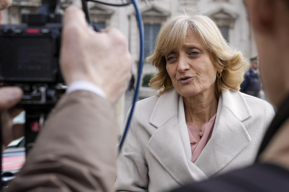 President of the Union of Italian Jewish Communities Noemi Di Segni talks during an interview with the Associated Press, outside the Quirinale, Presidential palace, in Rome, Friday, Jan. 26, 2024. Italy’s president on Friday denounced the rise in antisemitism and delivered a powerful speech in support of the Jewish people as he marked a Holocaust Remembrance Day overshadowed by Israel’s military campaign in Gaza and a rise in anti-Israel acts here. (AP Photo/Andrew Medichini)