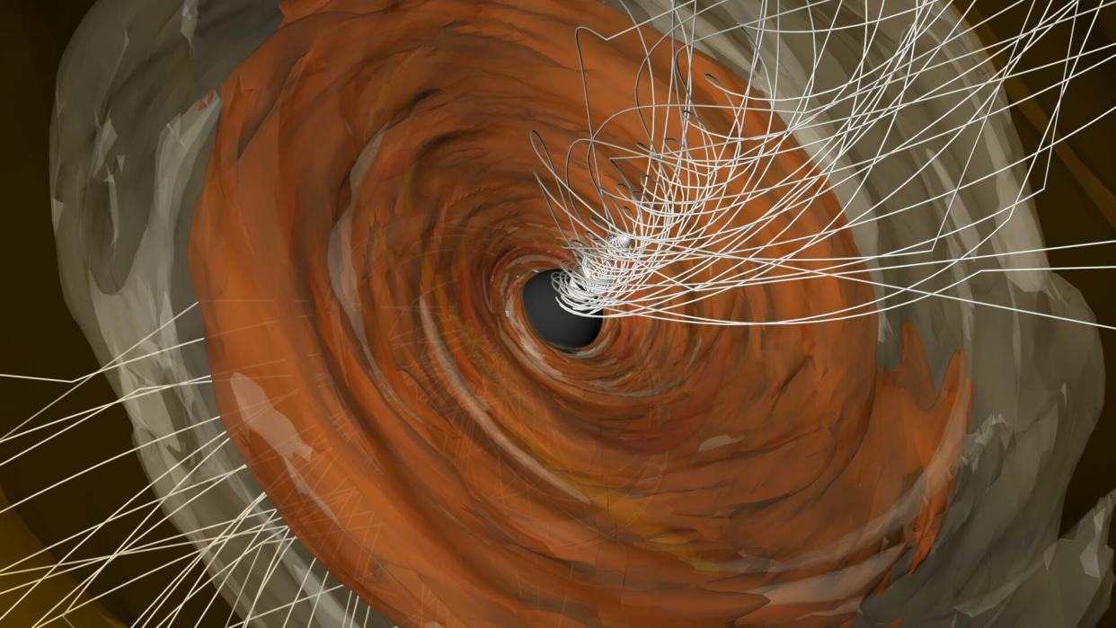  Twisted magnetic fields around the black hole at the heart of M87, shown in an illustration, may provide an escape route for matter from the immense gravitational well. 