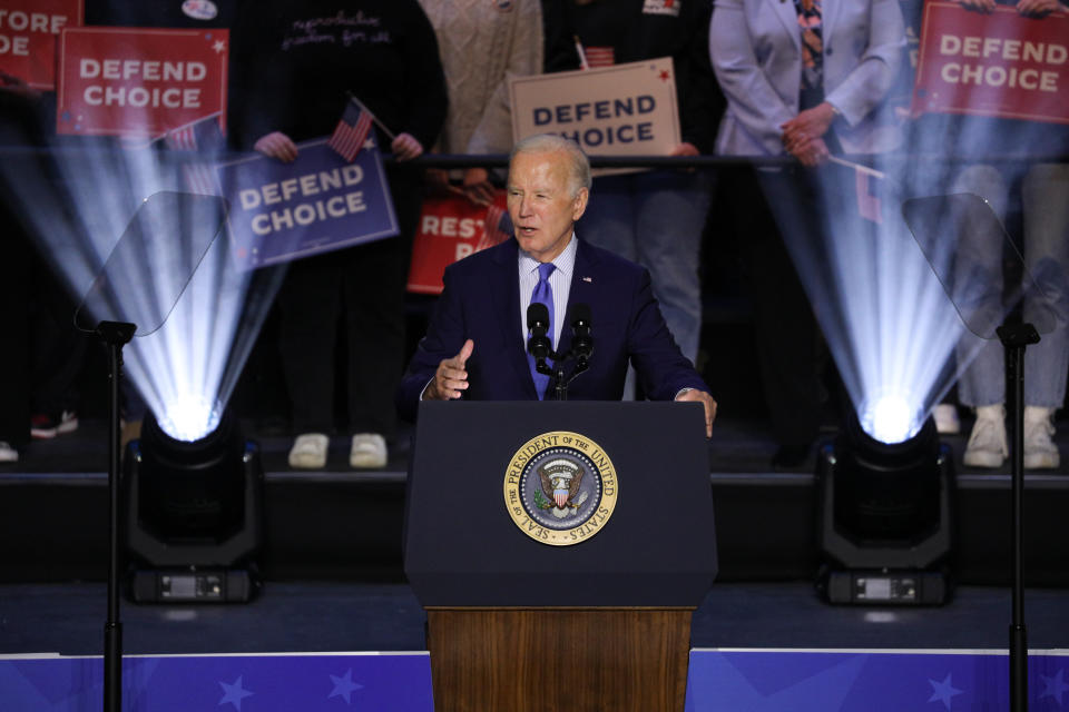 VIRGINIA, US - JANUARY 23: U.S. President Joe Biden speaks during the reproductive freedom campaign rally at George Mason University in Manassas, Virginia, on Jan. 23, 2024. (Photo by Yasin Ozturk/Anadolu via Getty Images)