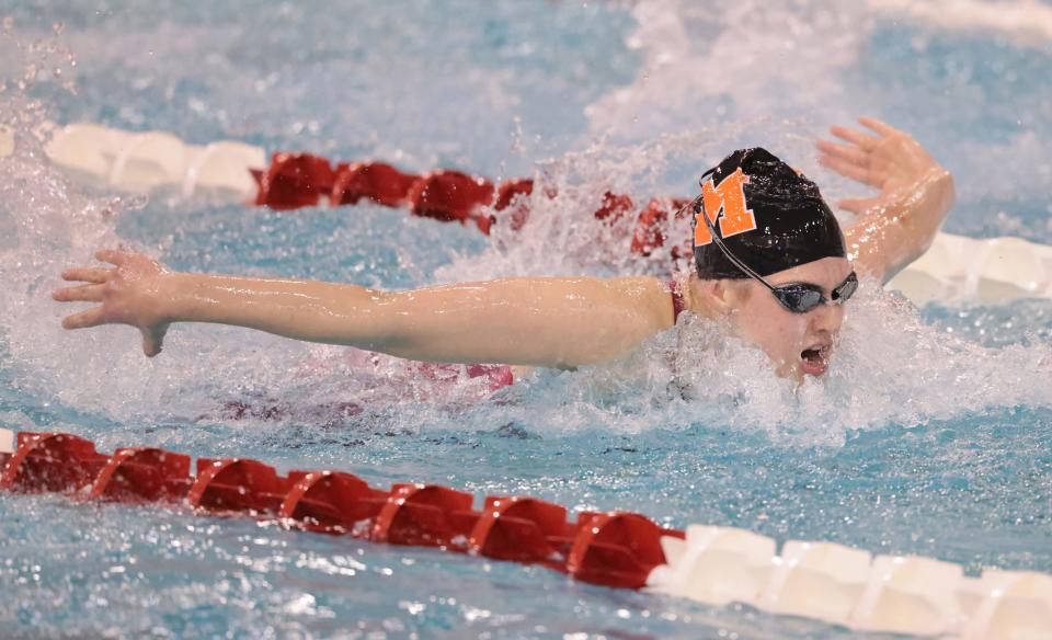 Marlington’s Leah Guess competes in the 100-yard butterfly in the OHSAA Division II state meet prelims at Branin Natatorium, Thursday, Feb. 23, 2023.