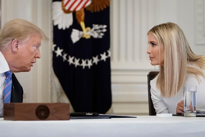 U.S. President Donald Trump talks with White House advisor and daughter Ivanka Trump during a meeting of the American Workforce Policy Advisory Board in the East Room of the White House on June 26, 2020 in Washington, DC.