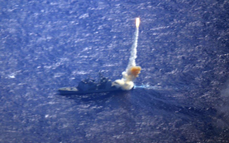Aegis cruiser USS Lake Erie launches a Standard SM-3 in a test. The SM-3 successfully intercepted a ballistic missile outside the atmosphere