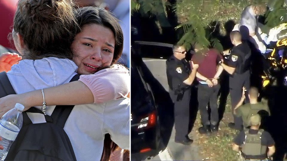 (Left) Parents and children break into tears after the 'Code Red' lockdown and (right) a man is taken into custody following the shooting. Source: Getty