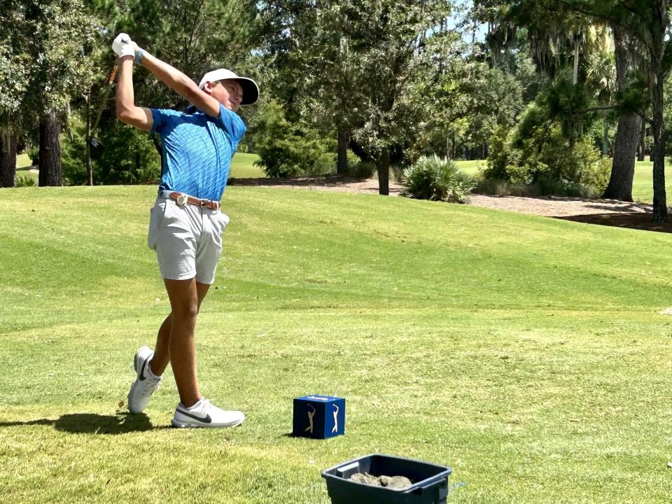 Miles Russell of Jacksonville Beach, hitting his tee shot at the seventh hole of the Players Stadium Course at TPC Sawgrass, is the defending champion this week at the 18th Junior Players Championship.