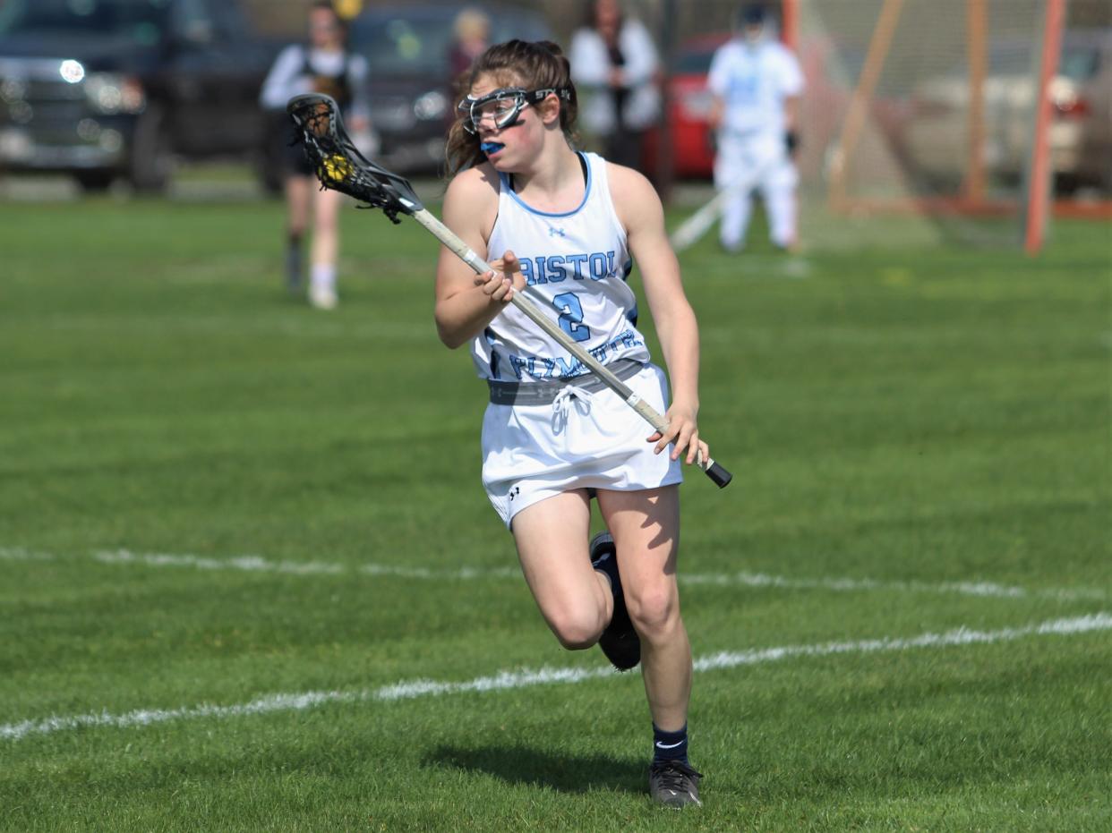 Bristol-Plymouth's Emma Ericson takes the ball down field during a 2023 Mayflower Athletic Conference game against Bristol Aggie.