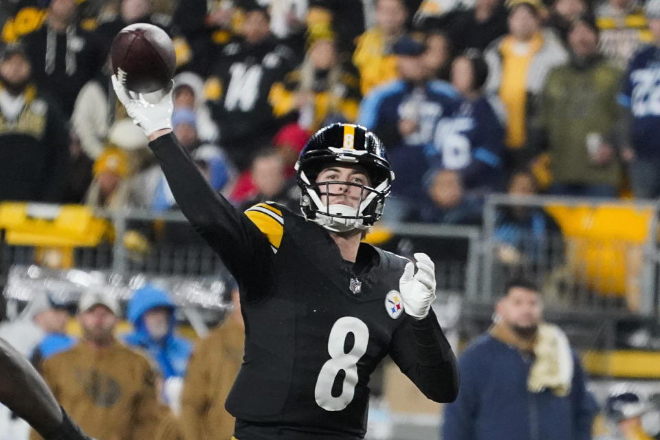 Pittsburgh Steelers quarterback Kenny Pickett (8) looks to throw a pass against the Tennessee Titans during the second half of an NFL football game Thursday, Nov. 2, 2023, in Pittsburgh. (AP Photo/Gene J. Puskar)