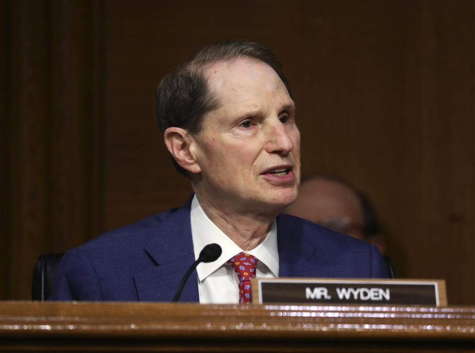 Sen. Ron Wyden, D-Ore., speaks during a Senate Finance Committee hearing on "COVID-19/Unemployment Insurance" on Capitol Hill in Washington on Tuesday, June 9, 2020. (Leah Millis/Pool via AP)