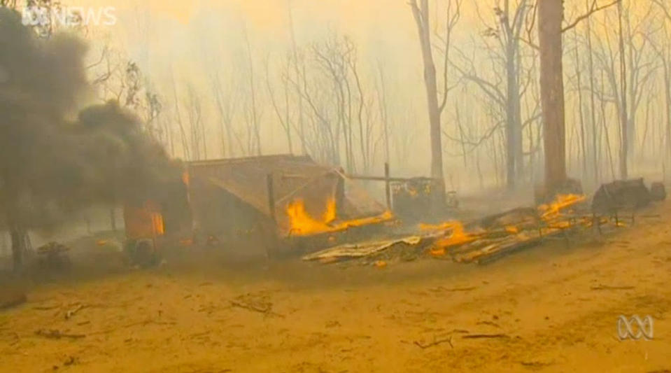 A shed on fire in Rappville. Firefighters in NSW are having issues putting the blazes out due to strong winds