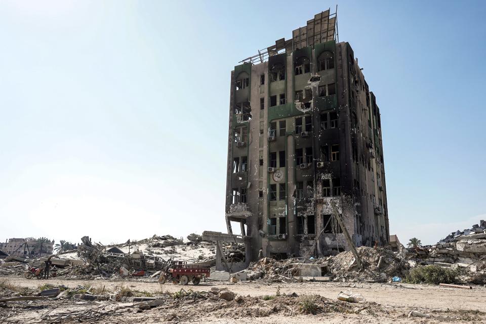 This picture taken on April 7, 2024, shows a view of the ravaged building of al-Salam hospital in Khan Younis after Israel pulled its ground forces out of the southern Gaza Strip.