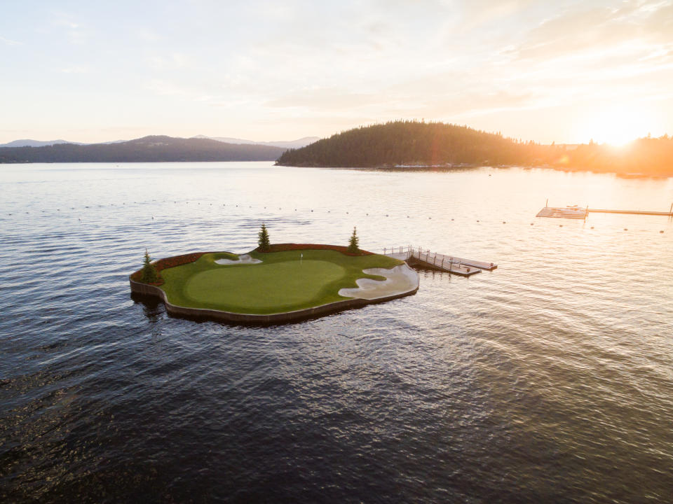 The floating 14th hole at Coeur d'Alene Resort in Idaho