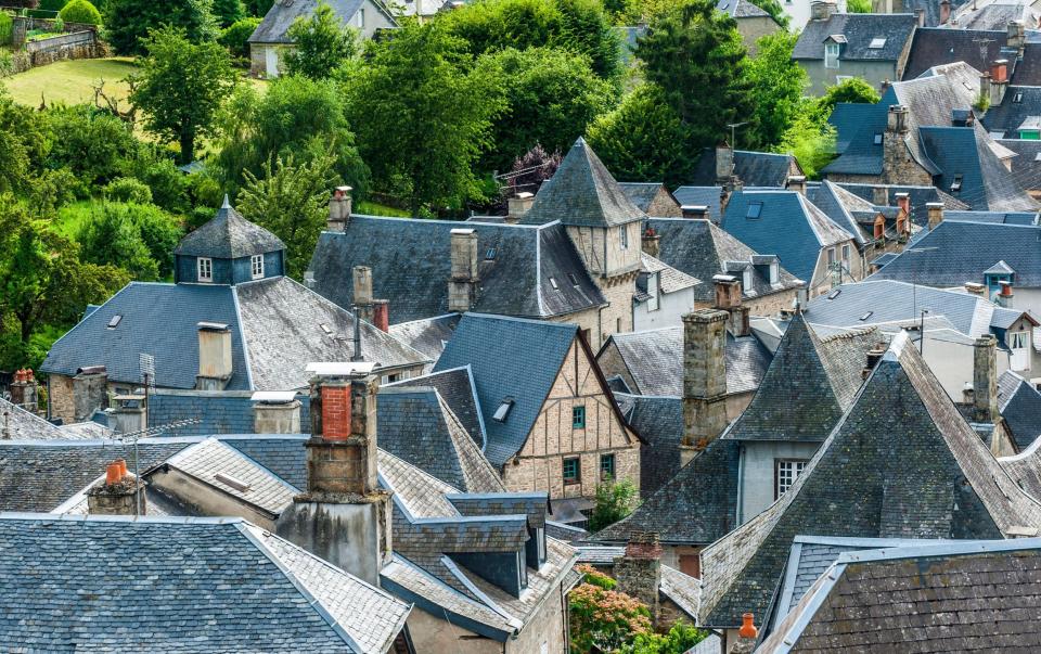 France, Limousin, Coreze, view of the slate roofs of Treignac-sur-Vezere