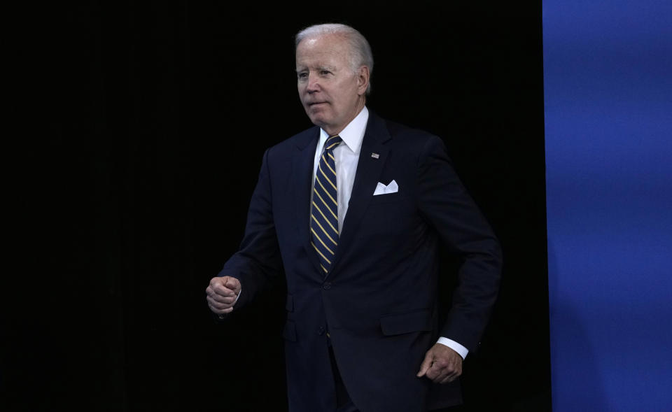 U.S. President Joe Biden arrives for a media conference at the end of a NATO summit in Madrid, Spain on Thursday, June 30, 2022. North Atlantic Treaty Organization heads of state met for the final day of a NATO summit in Madrid on Thursday. (AP Photo/Bernat Armangue)