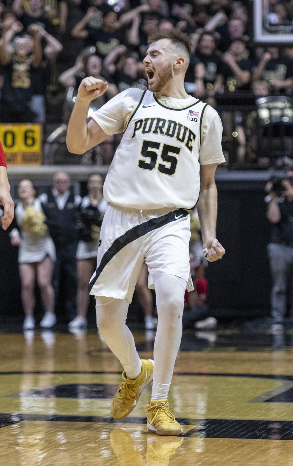 Purdue guard Sasha Stefanovic (55) reacts after scoring during the second half of an NCAA college basketball game against Indiana, Saturday, March 5, 2022, in West Lafayette, Ind. (AP Photo/Doug McSchooler)