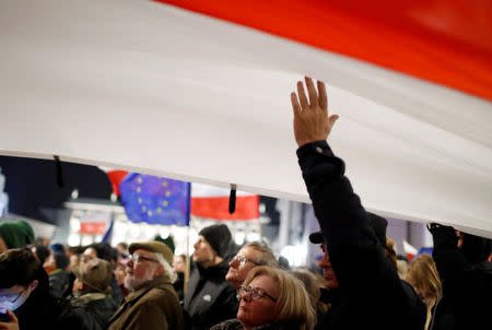 People gather in front of the Presidential Palace during a protest against judicial reforms in Warsaw, Poland, November 24, 2017. REUTERS/Kacper Pempel