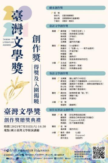 2021臺灣文學獎得獎及入圍名單。（臺文館提供）
