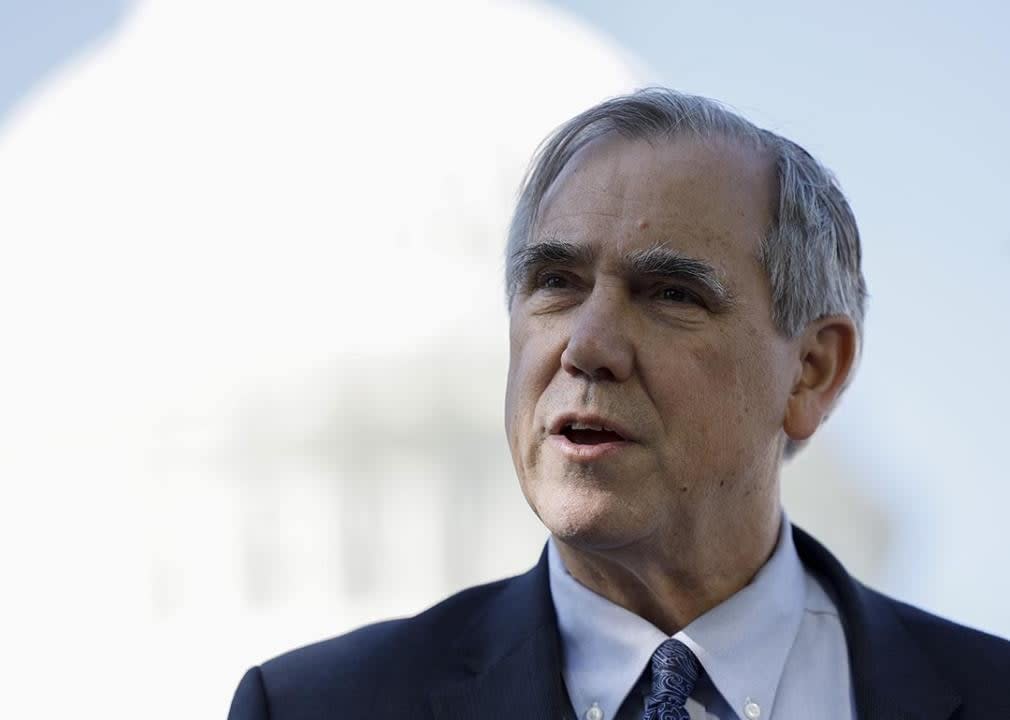 Senator Jeff Merkley (D-OR) speaks at a news conference outside the U.S. Capitol. 