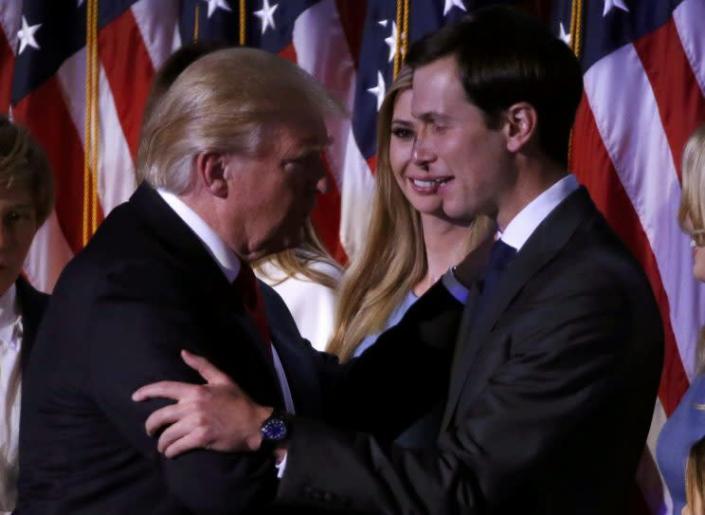 President-elect Donald Trump greets his daughter, Ivanka, and son-in-law, Jared Kushner, at his election night rally in Manhattan, Nov. 9, 2016. (Jonathan Ernst/Reuters)