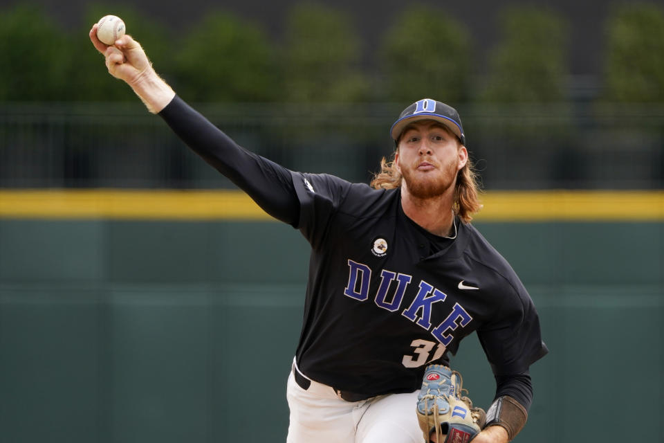 Duke pitcher Cooper Stinson throws against North Carolina State in the first inning of an NCAA college baseball game at the Atlantic Coast Conference championship game on Sunday, May 30, 2021, in Charlotte, N.C. (AP Photo/Chris Carlson)