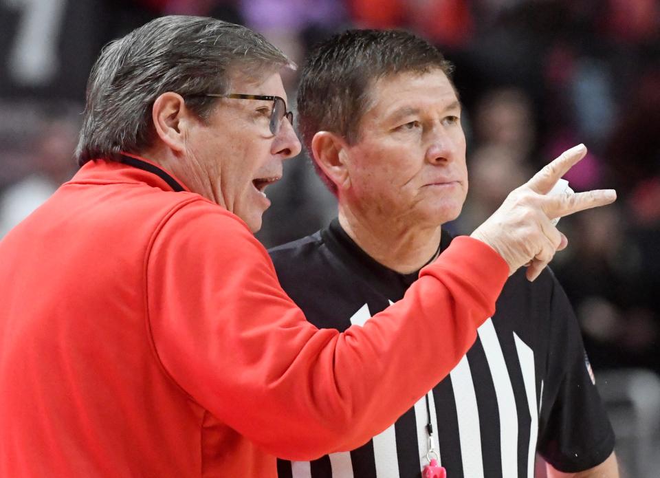 Texas Tech's head coach Mark Adams speaks to referee Tony Padilla after a foul was called on Texas Tech at the Big 12 basketball game against West Virginia, Wednesday, Jan. 25, 2023, at United Supermarkets Arena. 