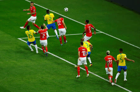 Soccer Football - World Cup - Group E - Brazil vs Switzerland - Rostov Arena, Rostov-on-Don, Russia - June 17, 2018 Brazil's Thiago Silva misses a chance to score REUTERS/Jason Cairnduff