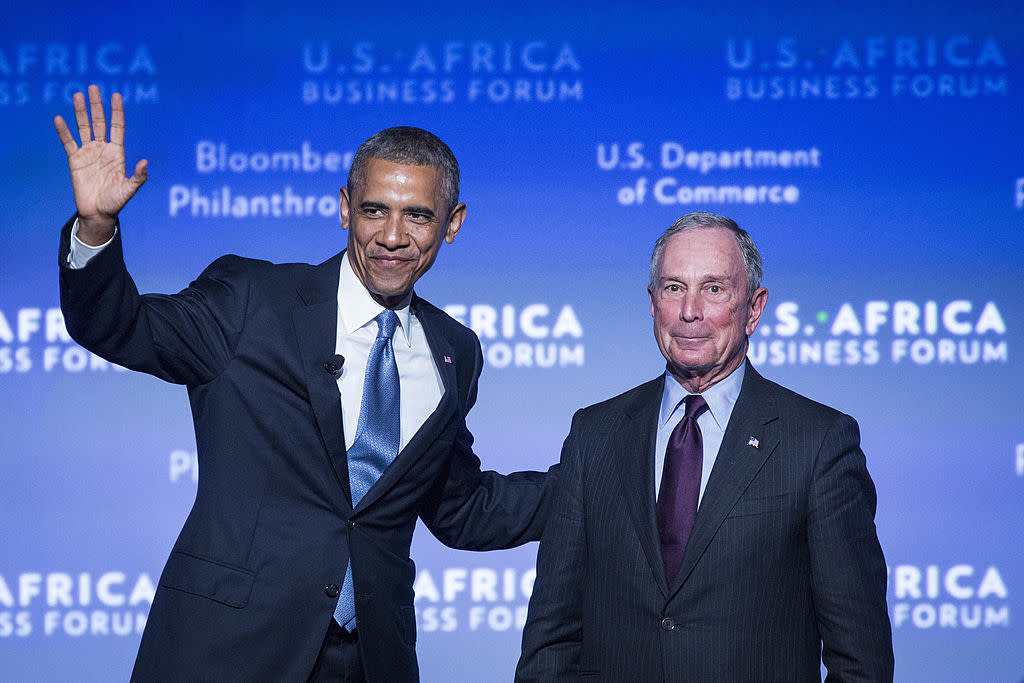 President Barack Obama waves to the audience after being introduced by Michael Bloomberg, former New York City mayor, during the US-Africa Business Forum, at the Mandarin Oriental Hotel in Washington, D.C., on Tuesday, August 5, 2014. A two-decade surge in growth in Africa suggests the poorest continent is starting to come to grips with its challenges and has raised the prospect of the 'African lions' emulating the 'Asian tiger' economies in the 21st century. (Photo by Drew Angerer/Bloomberg)