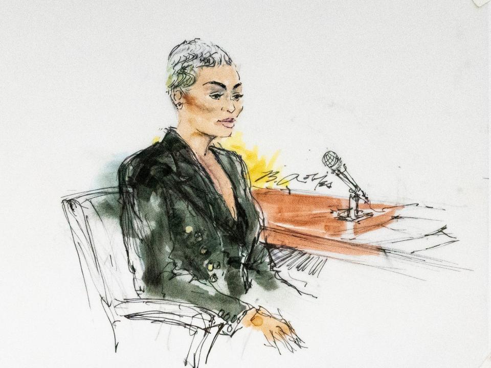 Courtroom artist sketch of Blac Chyna on the witness stand in LA on April 20, 2022, for her case against the Kardashian-Jenners.