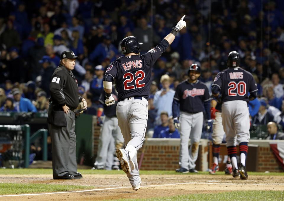 Jason Kipnis points to his family after homering in World Series Game 4. (AP)