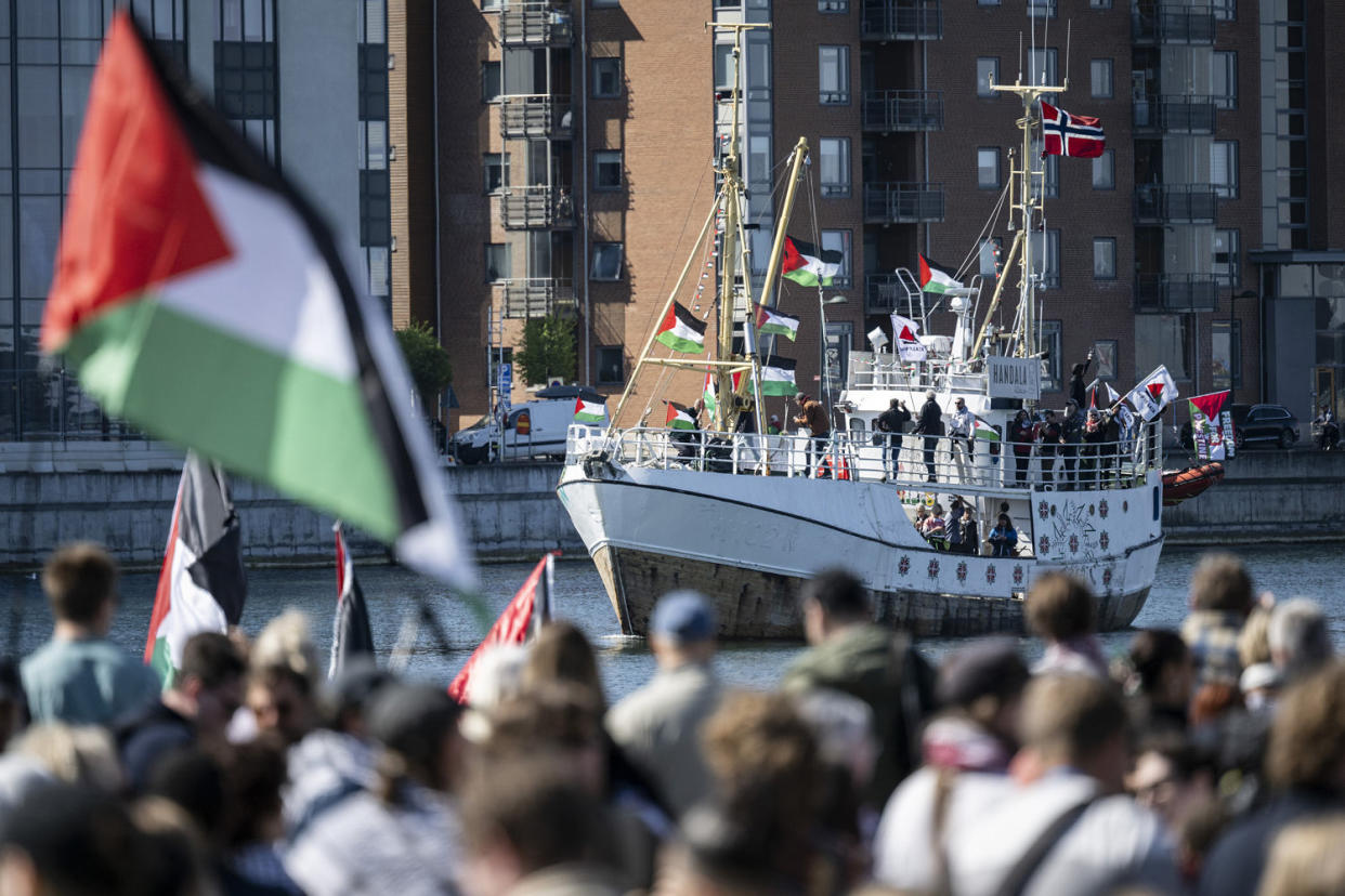 The visit by Ship to Gaza and the demonstration in connection with it are part of the protests against Israel's participation in the 68th edition of Eurovision Song Contest (ESC) at Malmö Arena. (Johan Nilsson / TT News Agency via AP)