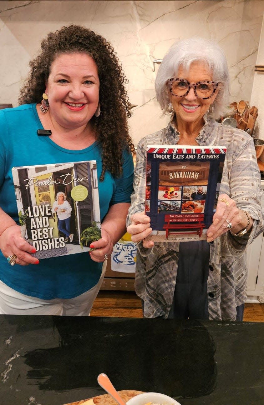 Rebekah Faulk Lingenfelser cooking in Paula Deen's kitchen.