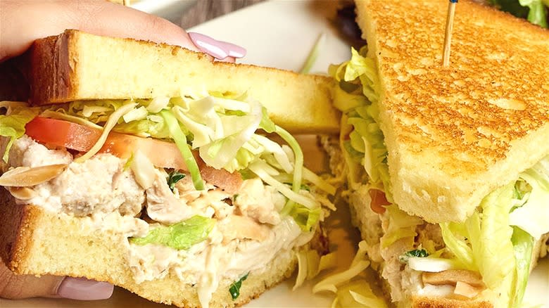 Sliced chicken salad sandwich