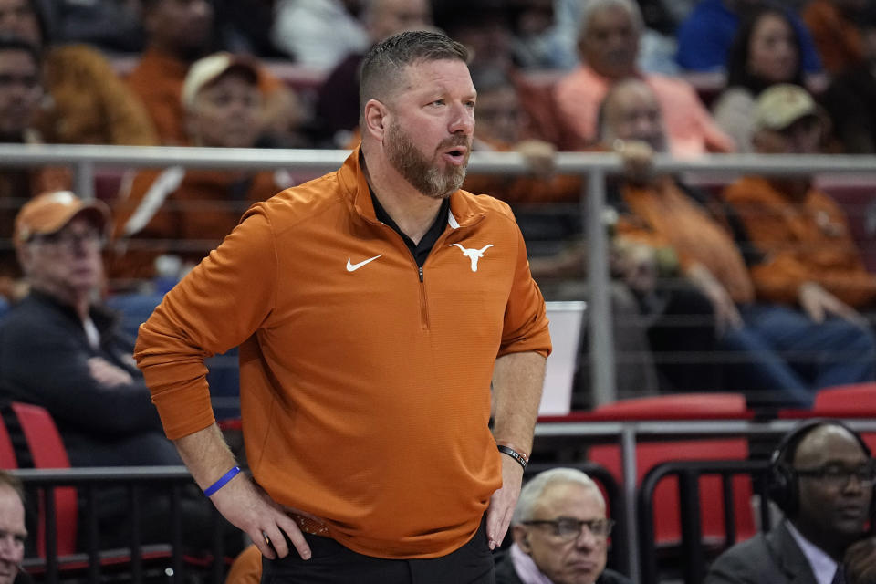 Texas head coach Chris Beard watches from the sidelines during the second half of an NCAA college basketball game against Northern Arizona, Monday, Nov. 21, 2022, in Edinburg, Texas. (AP Photo/Eric Gay)