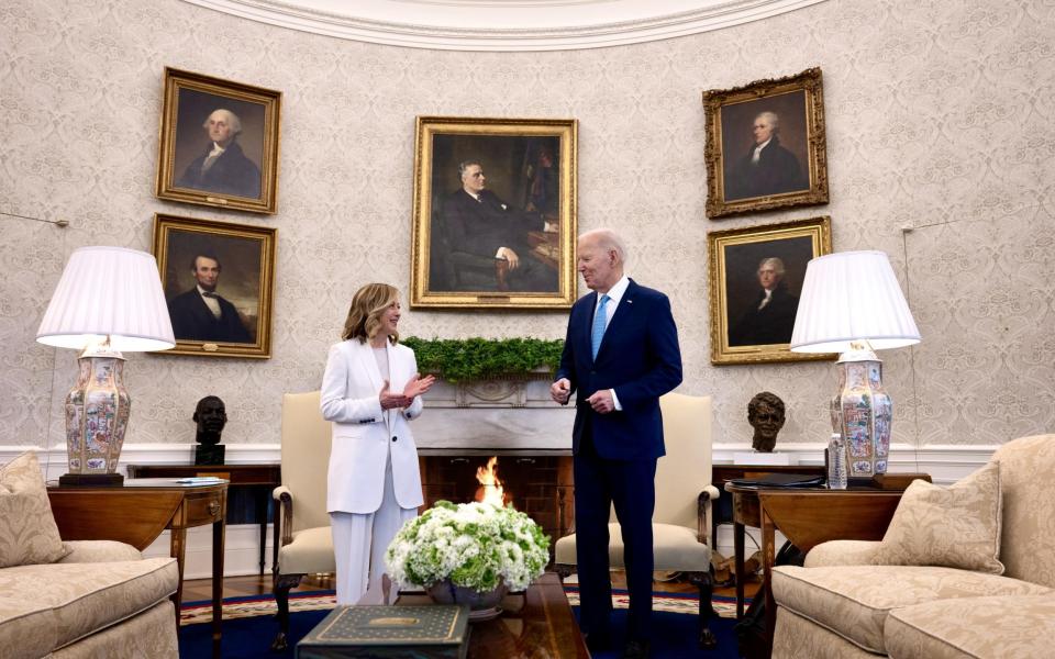 Italian prime minister Giorgia Meloni and US president Joe Biden during their meeting at the White House in Washington