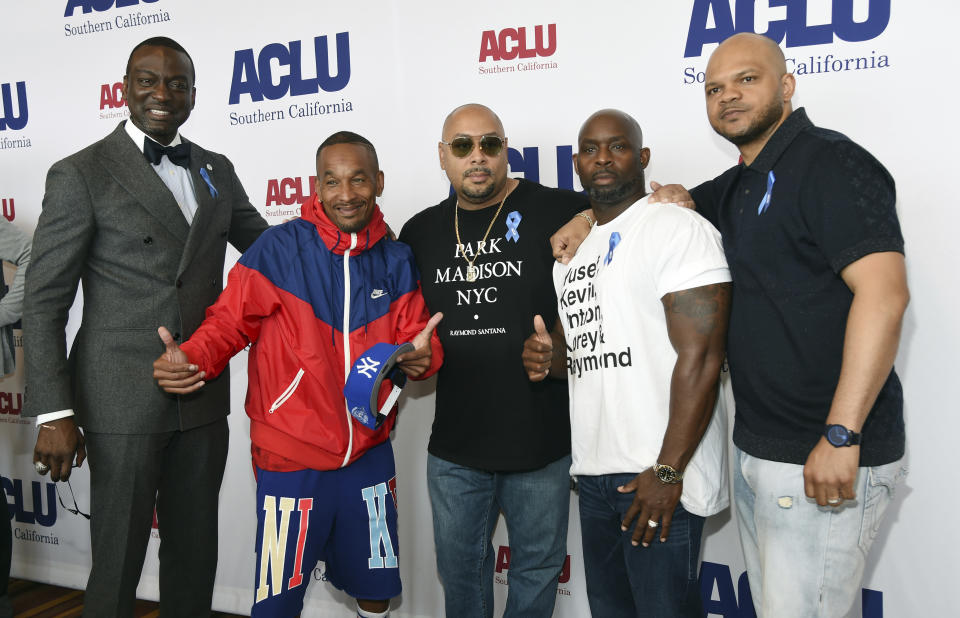 From left, honorees Yusef Salaam, Korey Wise, Raymond Santana, Antron McCray and Kevin Richardson pose together at the ACLU SoCal's 25th Annual Luncheon at the JW Marriott at LA Live, Friday, June 7, 2019, in Los Angeles. (Photo by Chris Pizzello/Invision/AP)