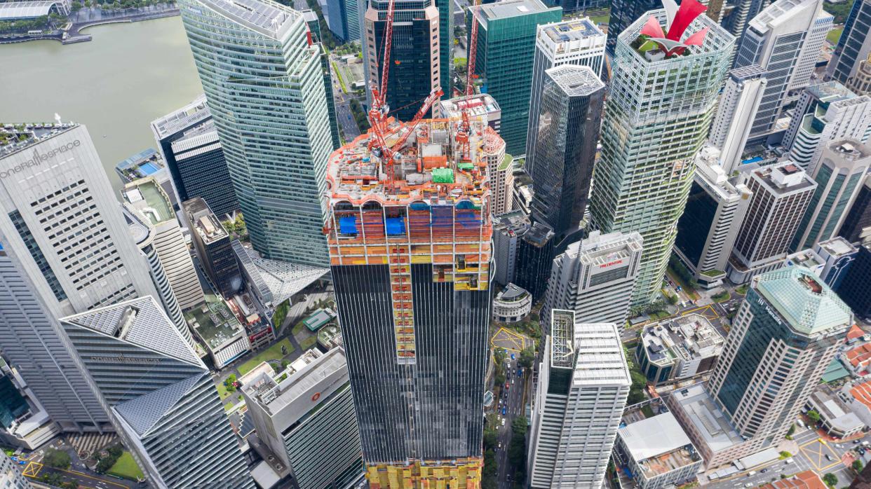 CapitaSpring, the 280-metre-tall landmark in Raffles Place, has achieved full height, with about 75% of the overall construction completed. (PHOTO: CapitaLand)