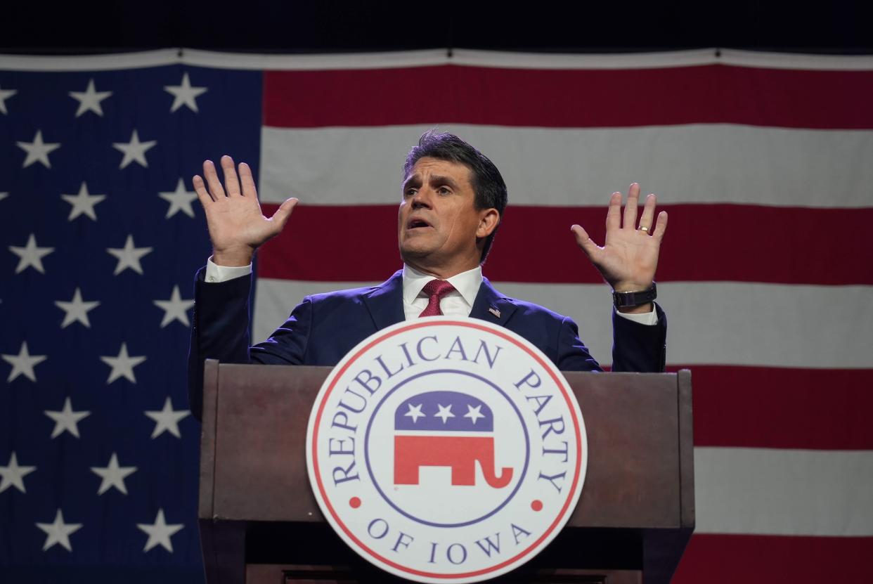 Republican presidential candidate hopeful Ryan Binkley speaks during the Lincoln Dinner on Friday, July 28, 2023, at the Iowa Events Center in Des Moines.