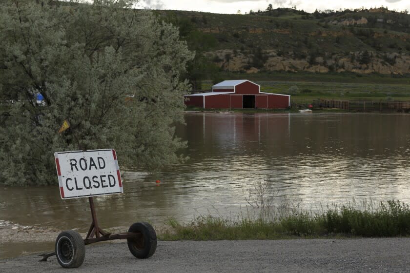 Floodwaters are seen along the Clarks Fork Yellowstone River near Bridger, Mont.