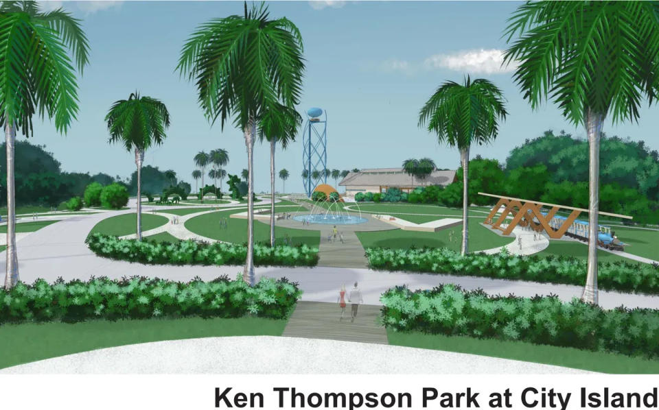 A rendering of Ken Thompson Park as envisioned by Ride Entertainment, the company that has proposed to create an amusement park.