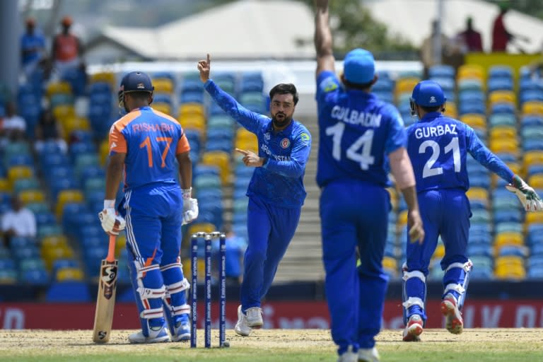 That's out: Afghanistan captain Rashid Khan celebrates the dismissal of India's Rishabh Pant (Randy Brooks)