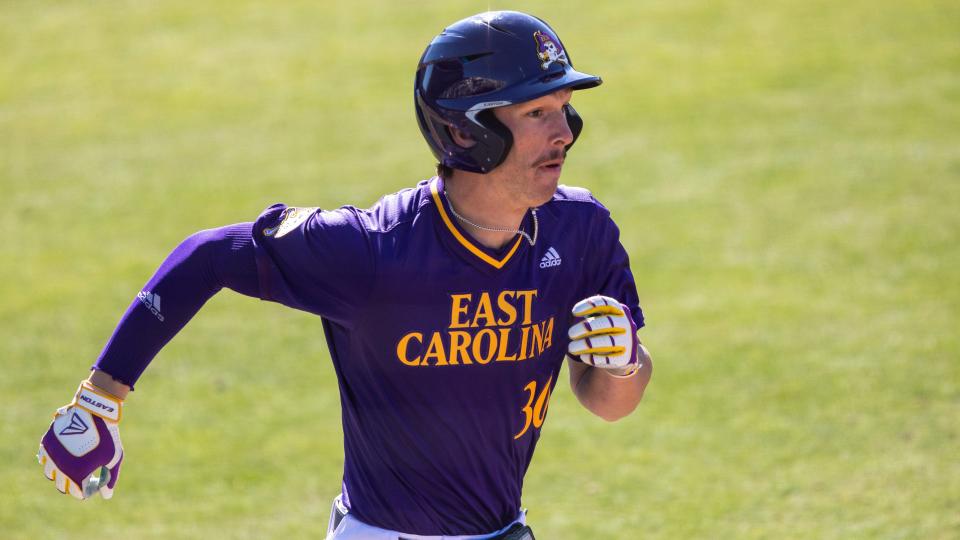 East Carolina's Jacob Jenkins-Cowart (30) runs to first base during a game on Saturday, Feb. 19. The Pirates (42-18) beat Houston 6-1 in Sunday's AAC championship game and was selected as a regional host for the upcoming NCAA baseball tournament.