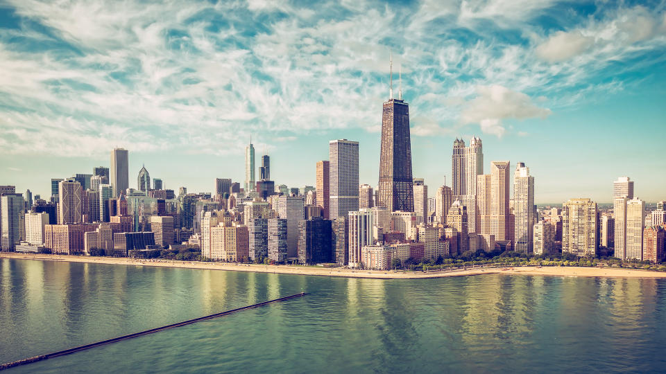 Chicago Skyline aerial view skyscrapers bythe beach , vintage colors.