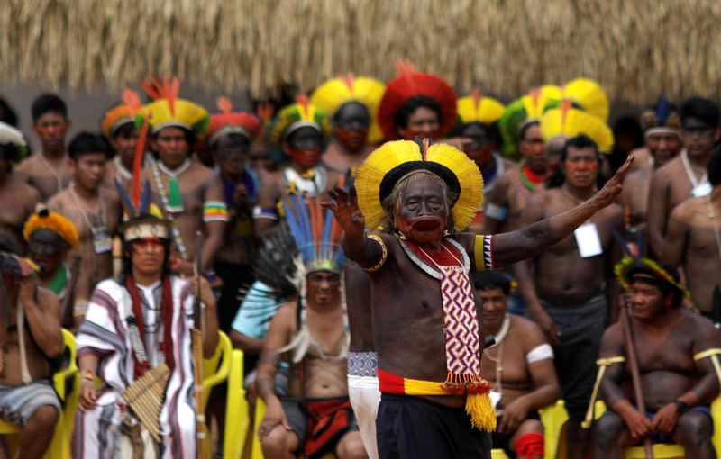 Indigenous leader Cacique Raoni of Kayapo tribe delivers a speech during a four-day pow wow near Sao Jose do Xingu