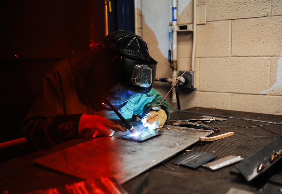 Wilson Talent Center junior Dakota Barnett uses a TIG, or gas tungsten arc welder, Thursday, April 4, 2024.