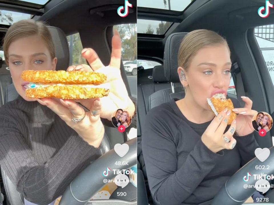 A split image shows a screenshot from TIkTok of Kelly Arvan in a car holding a McFlurry hash-brown sandwich (left), and a screenshot from TIkTok showing the same woman in a car biting into a McFlurry hash-brown sandwich (right).