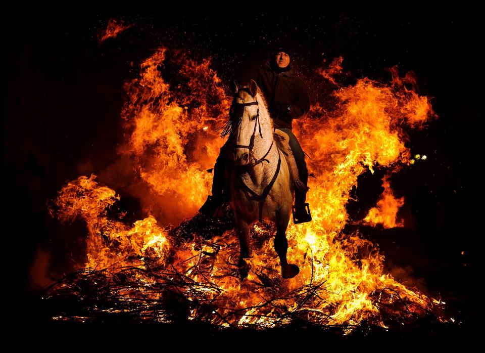 A man rides a horse through a bonfire in San Bartolome de Pinares, Spain, Monday, Jan. 16, 2012, in honor of Saint Anthony, the patron saint of animals. On the eve of Saint Anthony's Day, hundreds ride their horses trough the narrow cobblestone streets of the small village of San Bartolome during the 'Luminarias' a tradition that dates back 500 years and is meant to purify the animals with the smoke of the bonfires and protect them for the year to come. (Daniel Ochoa de Olza, AP)