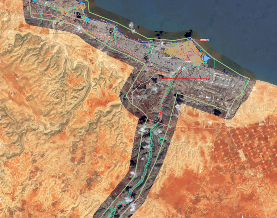 Situation au 13 septembre 2023 à Derna, après la tempête Daniel, bassin versant de l’oued Derna. <a href="https://rapidmapping.emergency.copernicus.eu/EMSR696/download)" rel="nofollow noopener" target="_blank" data-ylk="slk:Copernicus.eu;elm:context_link;itc:0;sec:content-canvas" class="link ">Copernicus.eu</a>