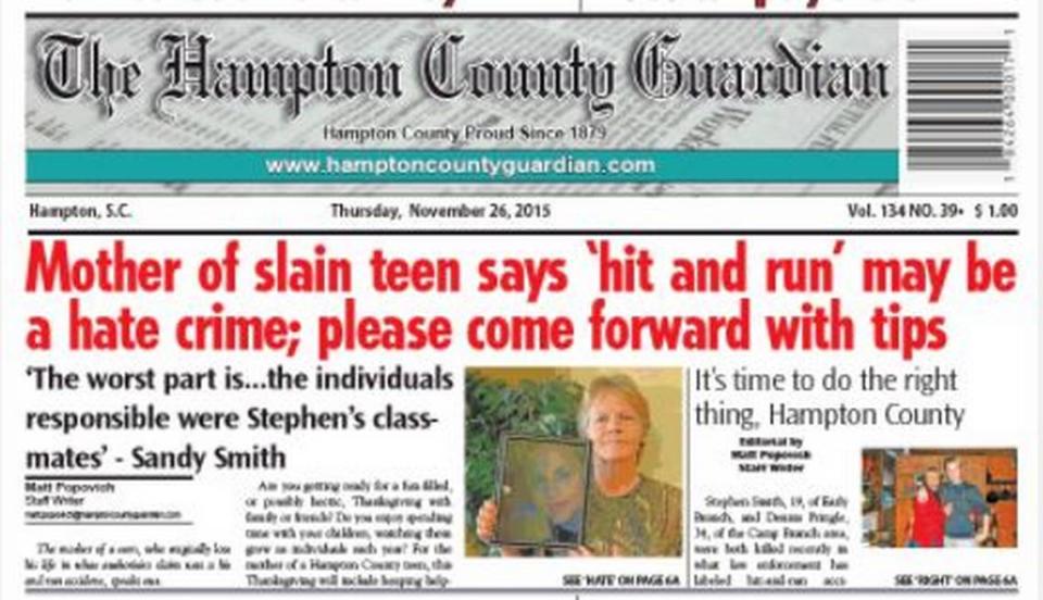 A screenshot of an article in the Hampton County Guardian about Stephen Smith’s death in 2015.