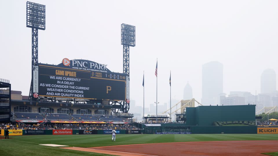 An MLB game between the San Diego Padres and Pittsburgh Pirates is delayed as Canadian wildfire smoke descends on downtown Pittsburgh. - Joe Robbins/Icon Sportswire/Getty Images