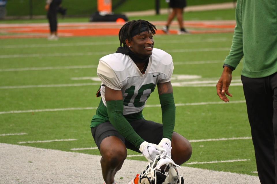 Florida A&M football defensive back Jalen Glaze (10) rejoices during the third day of spring practice at Bragg Memorial Stadium in Tallahassee, Florida on Friday, March 10, 2023