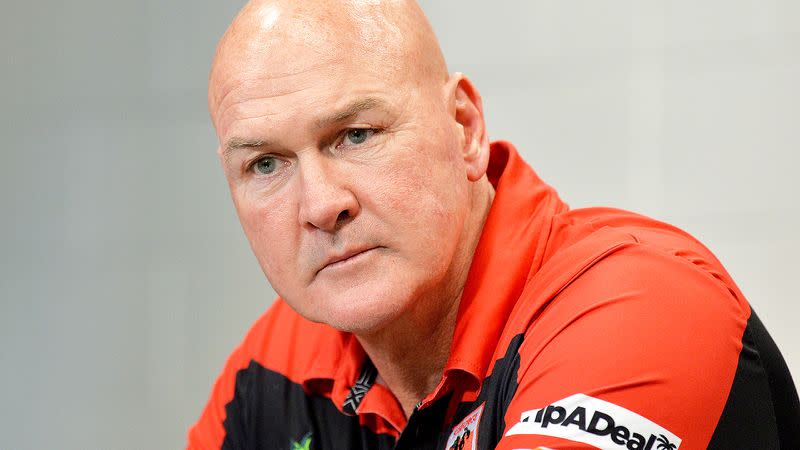 Seen here, Paul McGregor addresses media after a Dragons game.